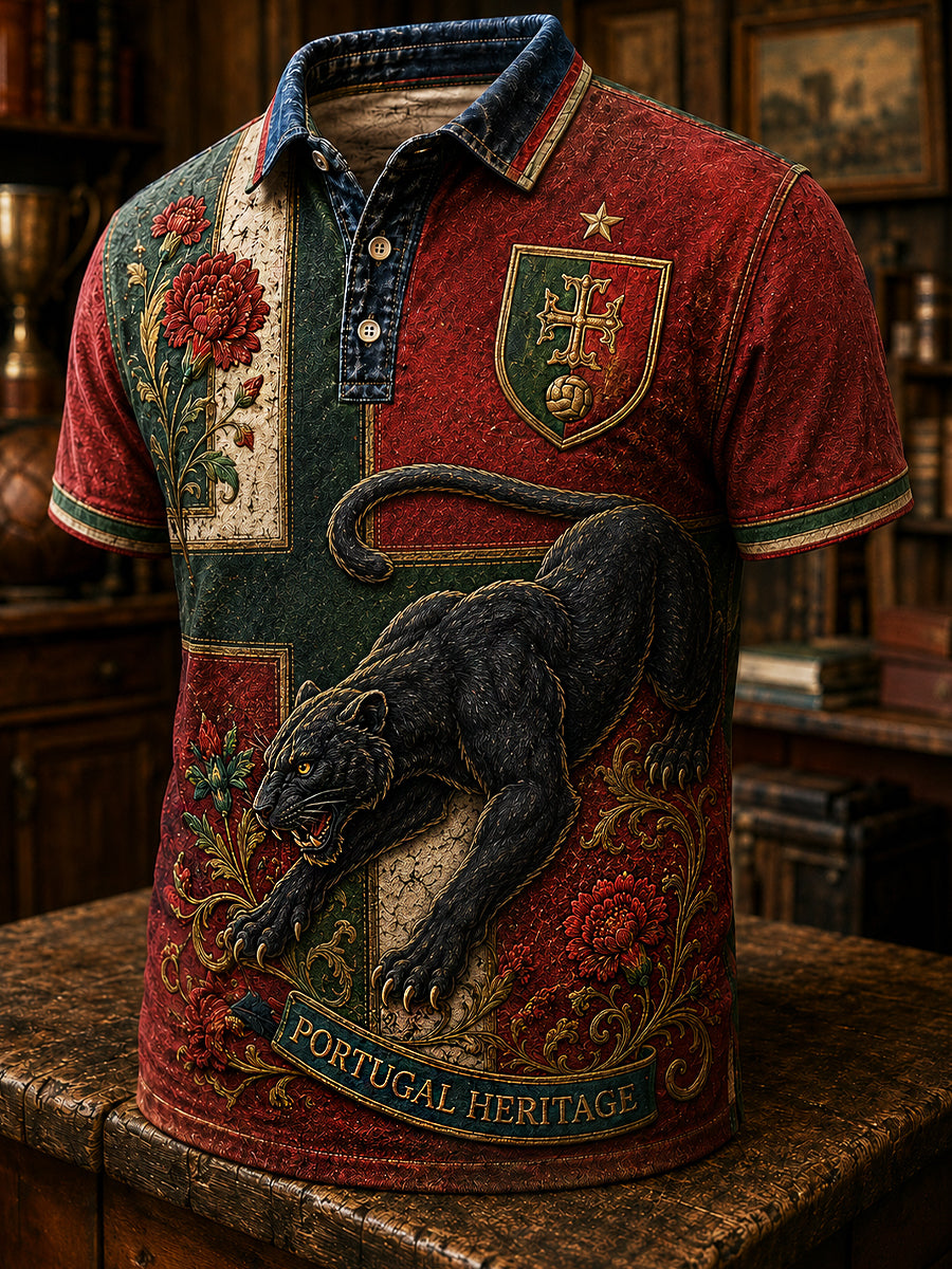 Camisa Polo Casual com Estampa de Arte Fã de Futebol Português Retrô