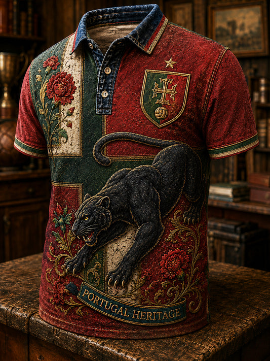 Camisa Polo Casual com Estampa de Arte Fã de Futebol Português Retrô