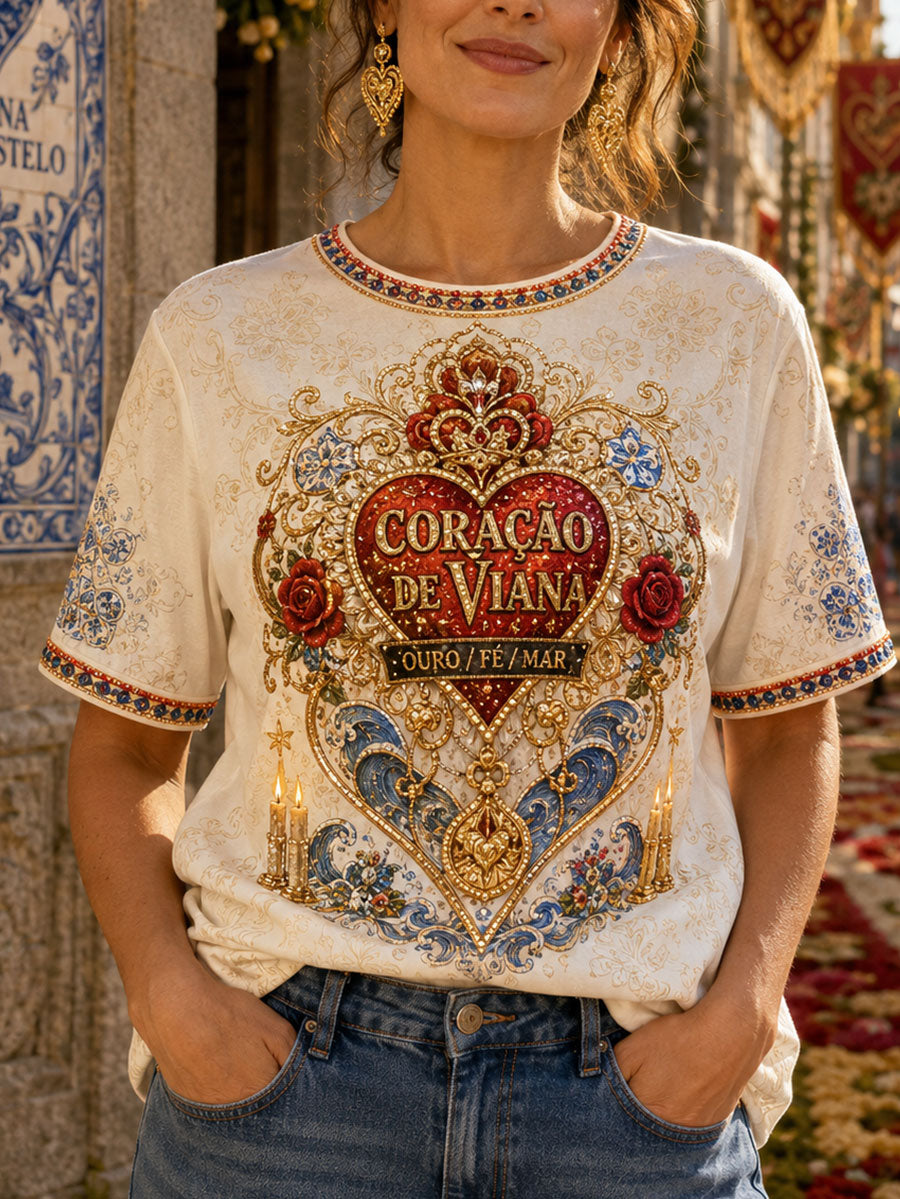 Camiseta feminina com estampa artística das Festas d’Agonia, em Portugal