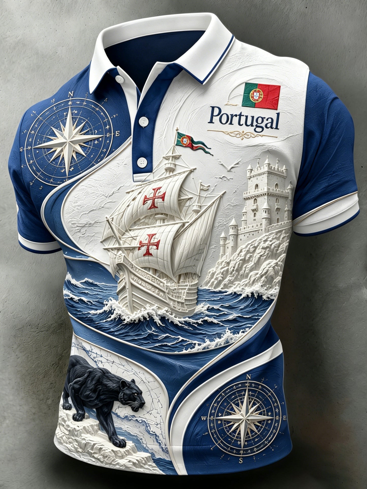 Camiseta polo com estampa artística de torcida em partida de futebol masculino, estilo português