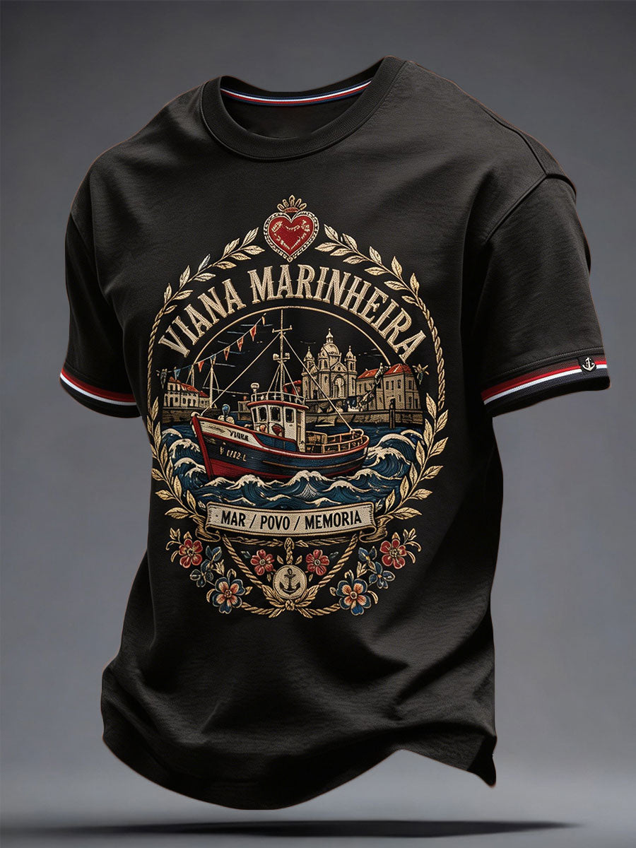 Camiseta masculina com estampa artística das Festas d’Agonia, em Portugal