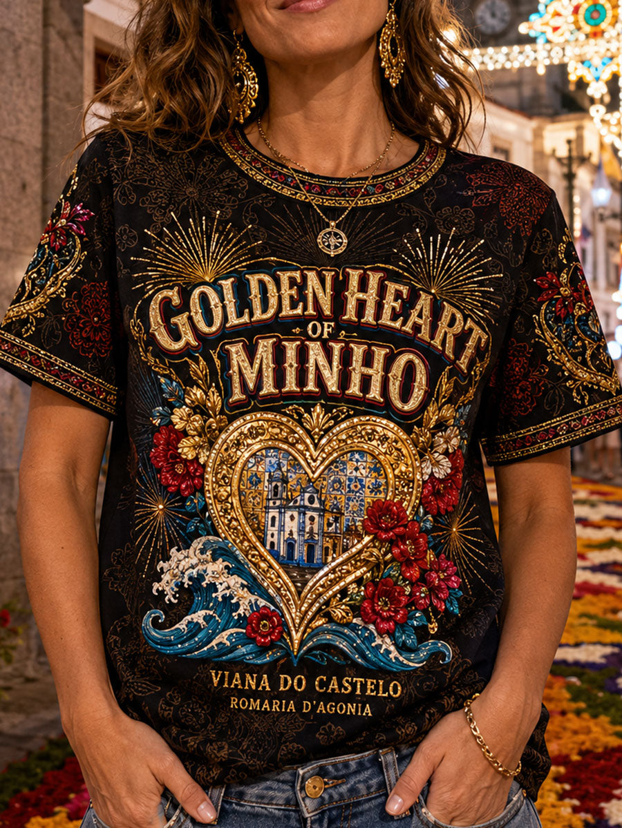 Camiseta feminina com estampa artística das Festas d’Agonia, em Portugal