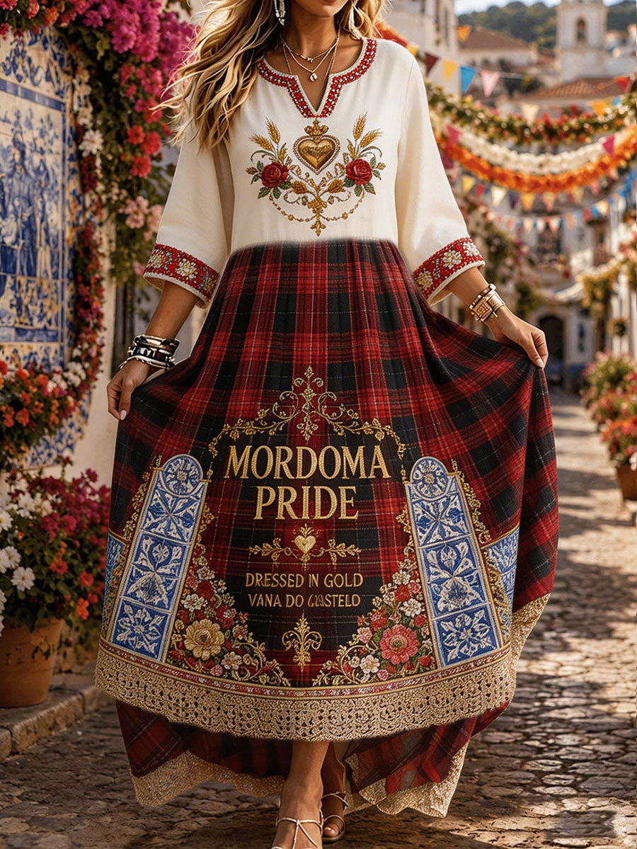 Vestidos de linho estampados com arte das Festas d’Agonia, em Portugal, para mulheres