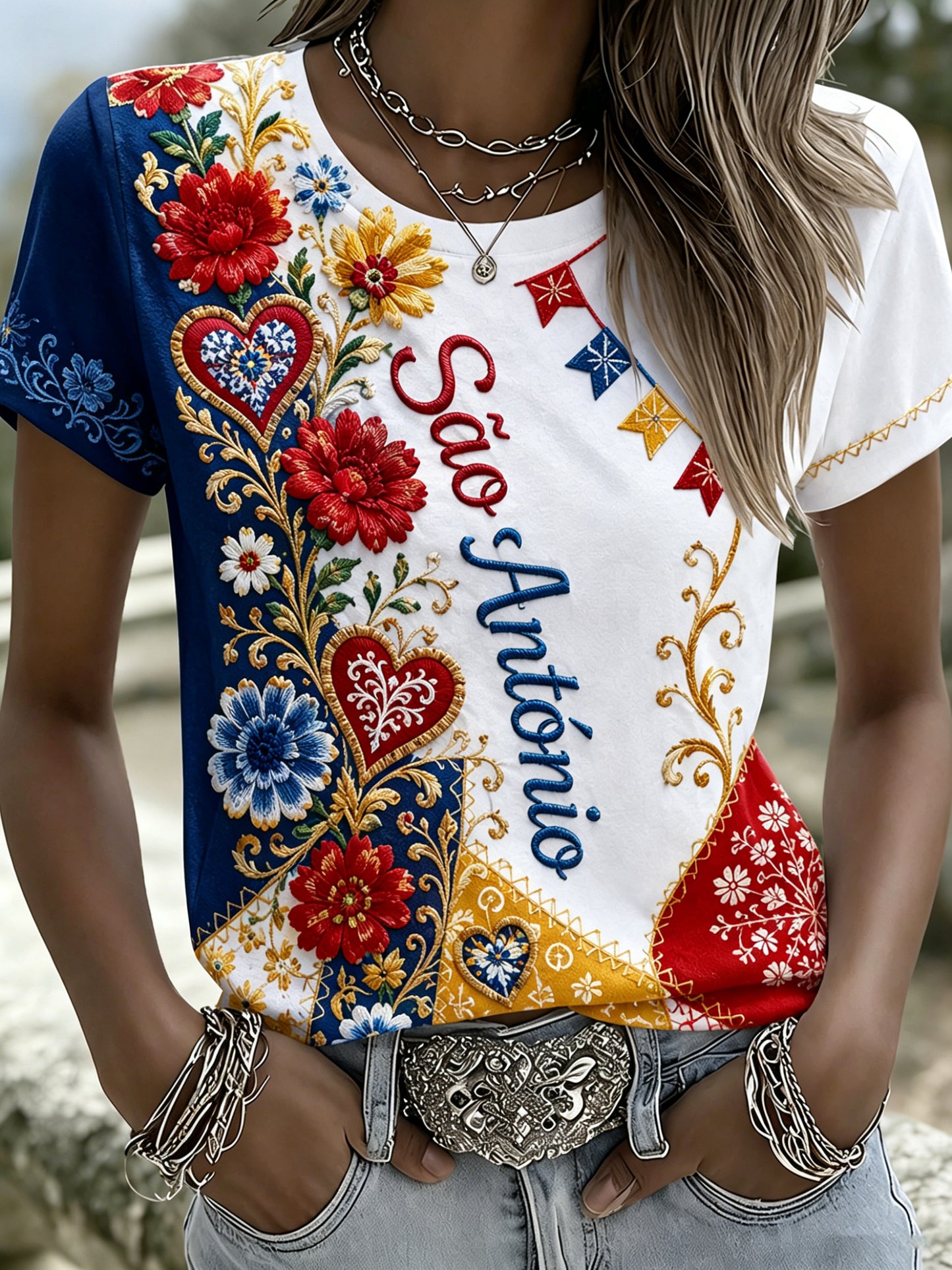 Camiseta com Estampa Artística do Dia de Santa Antônio em Português para Mulheres