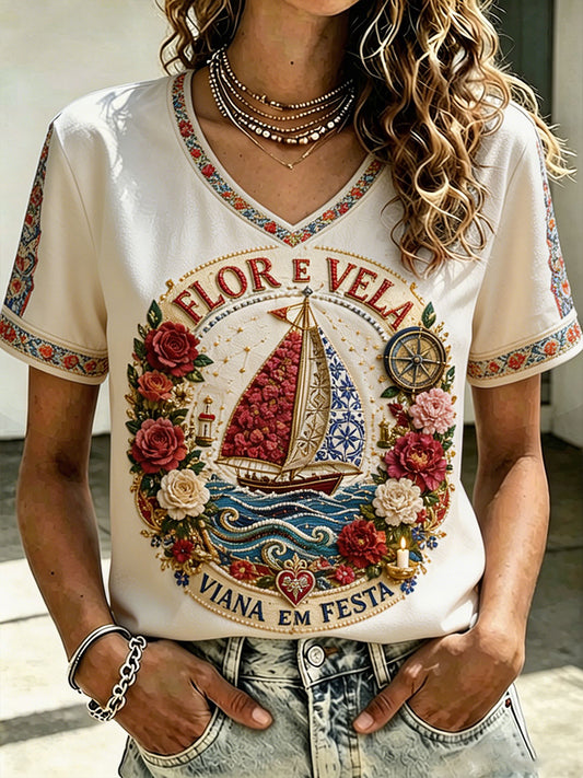 Camiseta Estampada com Arte sobre a Era dos Descobrimentos em Portugal para Mulheres
