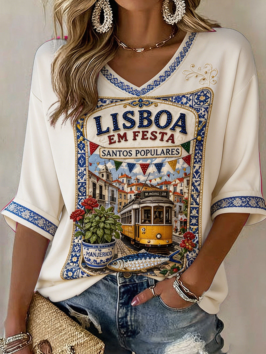 Camiseta estampada com arte do Festival das Mulheres dos Santos Populares, Portugal