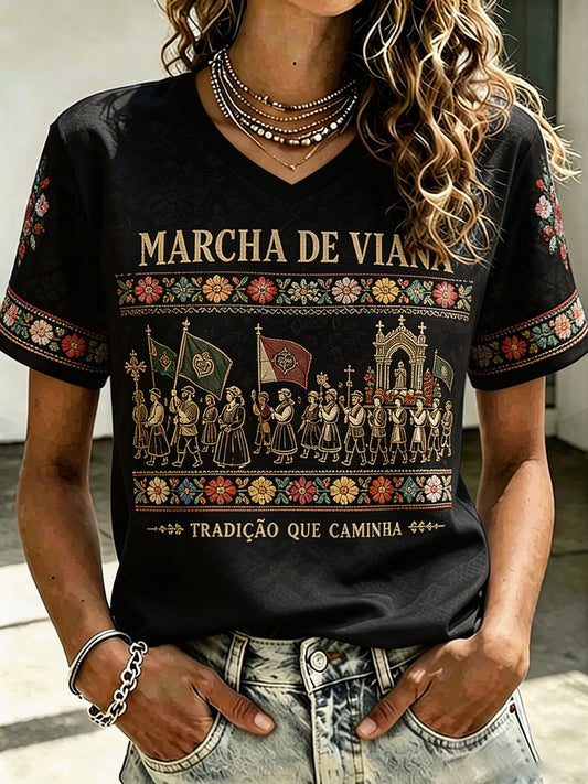 Camiseta estampada com arte das Festas d’Agonia, Portugal, feminina