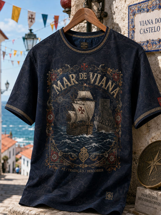 Camiseta estampada com arte das Festas d’Agonia, Portugal, masculina