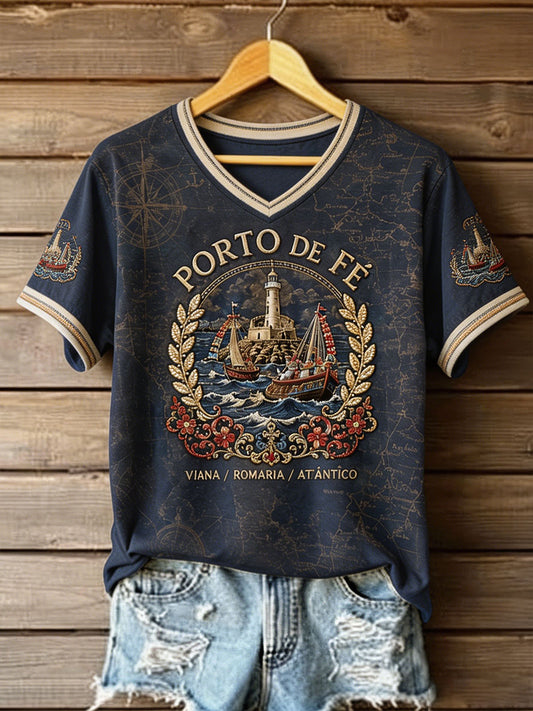 Camiseta estampada com arte das Festas d’Agonia, Portugal, feminina