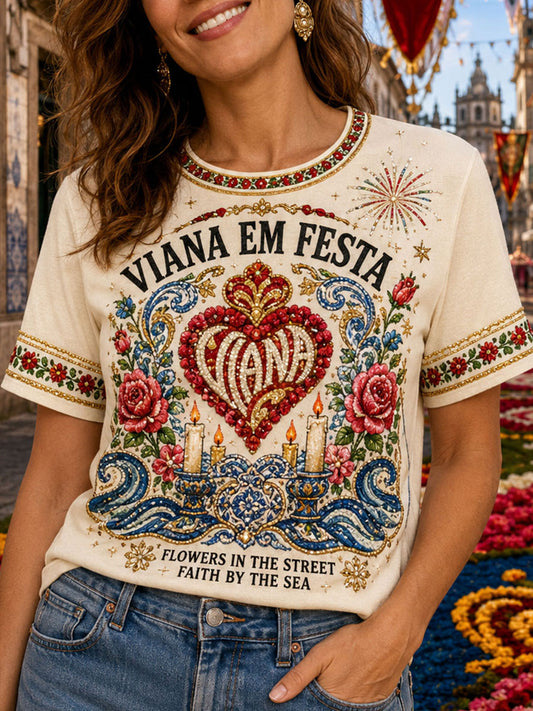 Camiseta estampada com arte das Festas d’Agonia, Portugal, feminina