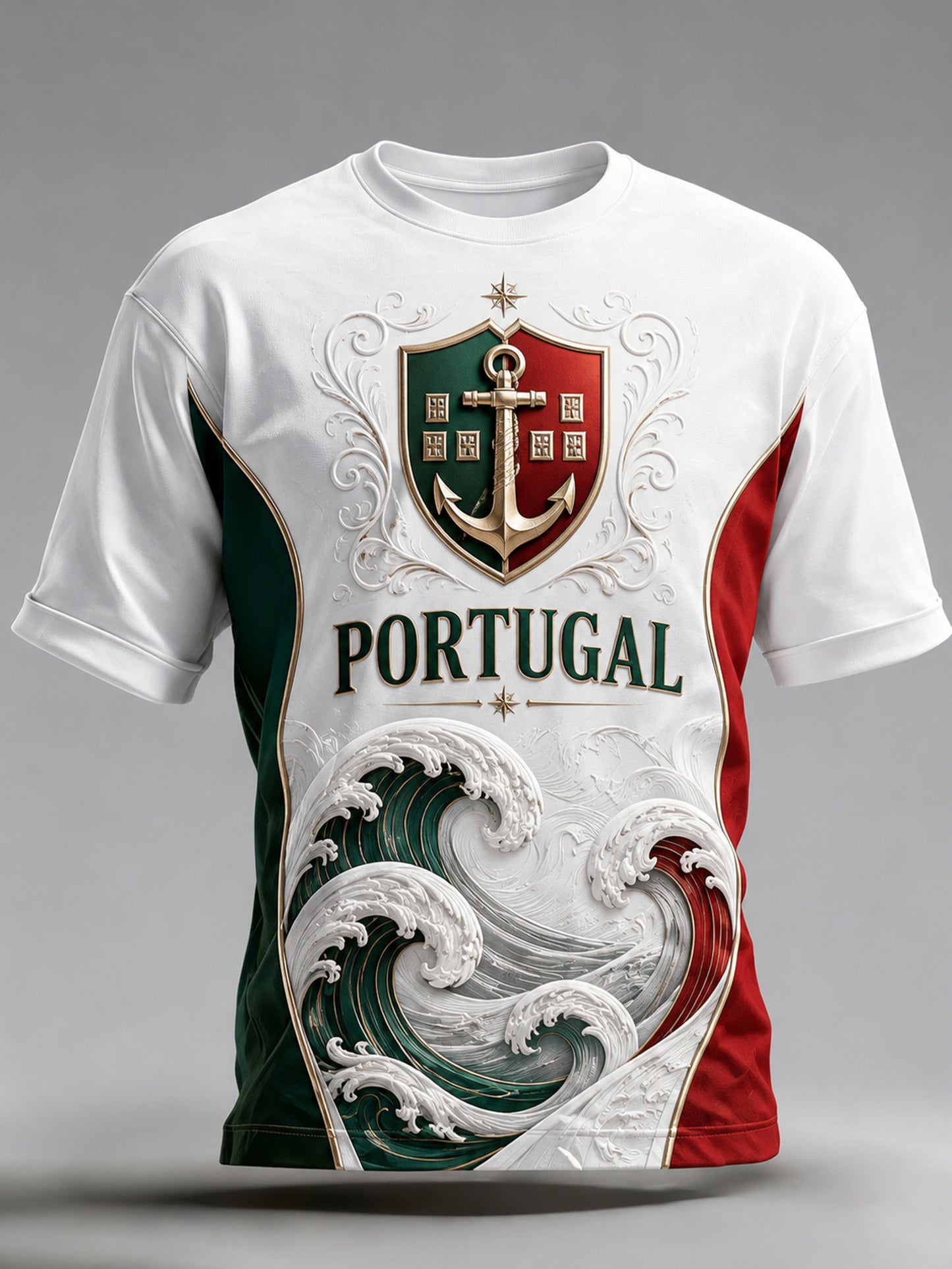 Camiseta com estampa em relevo e textura de torcida em partida de futebol da seleção portuguesa masculina