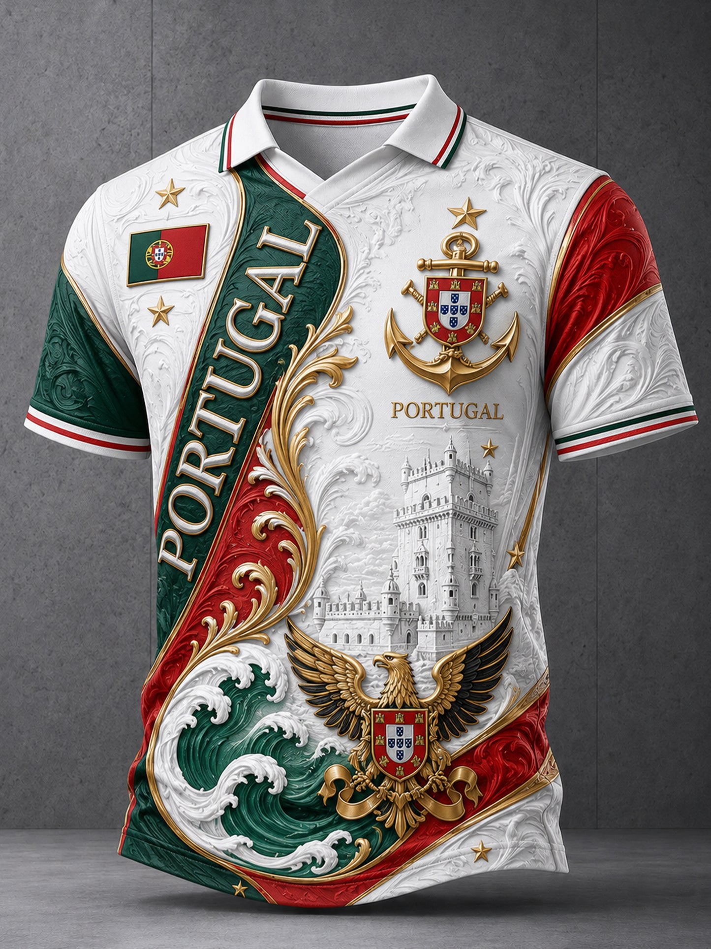 Camisa polo masculina com estampa artística em relevo e textura, ideal para torcer na partida de futebol de Portugal