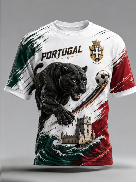 Camiseta com estampa em relevo e textura de torcida em partida de futebol da seleção portuguesa masculina