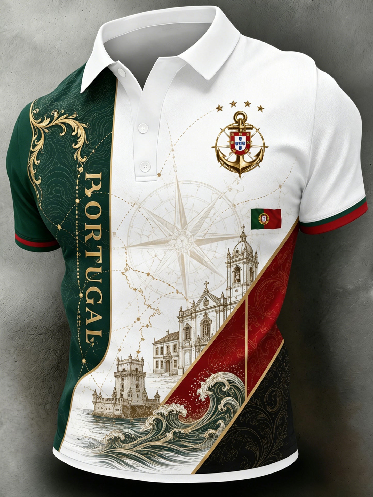 Camisa polo masculina com estampa artística em relevo e textura, ideal para torcer na partida de futebol de Portugal