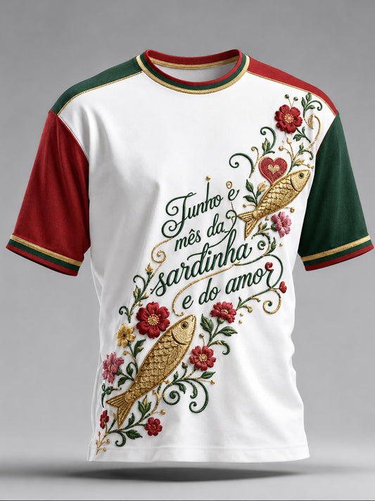 Camiseta com estampa artística comemorativa do Dia de São Antônio, masculina, em português