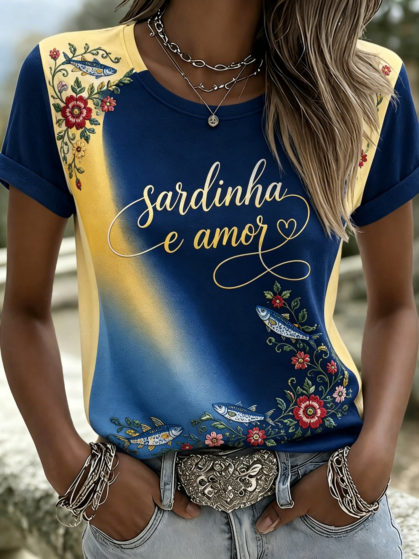 Camiseta com estampa artística comemorativa do Dia da Mulher Portuguesa de San Antonio