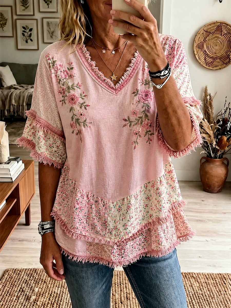 Rosa Botânico Floral impressão algodão-linho camisa das mulheres
