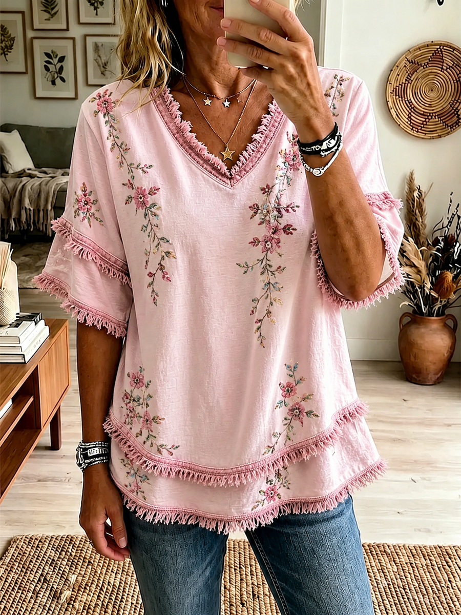 Camisa feminina em algodão e linho com estampa floral botânica em rosa