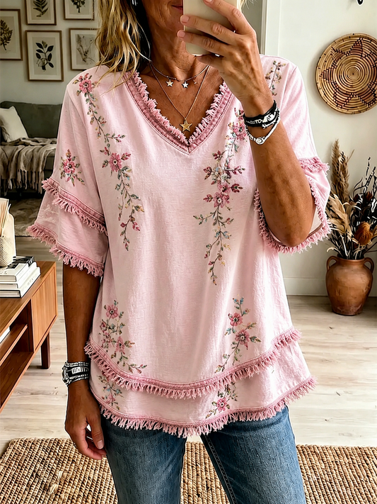 Camisa feminina em algodão e linho com estampa floral botânica em rosa