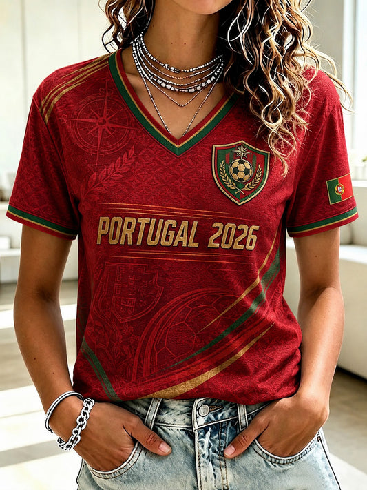 Mulheres Portugal Futebol Impresso V-neck T-shirt