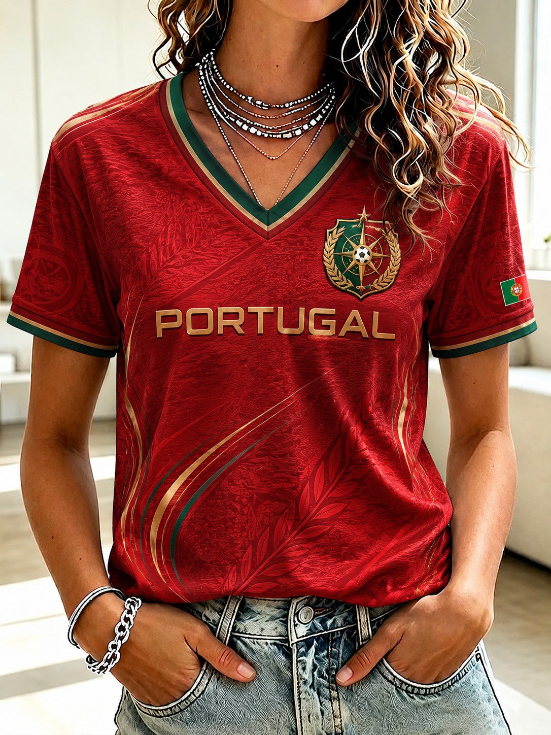 Camiseta feminina de futebol de Portugal com estampa e gola em V