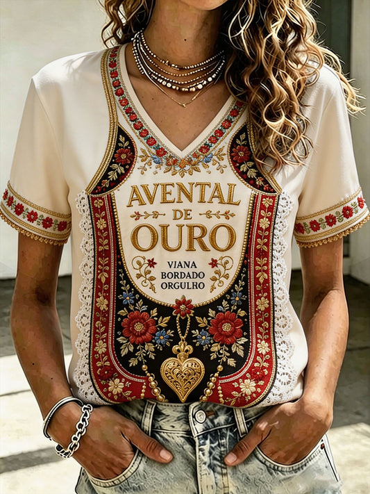 Camiseta estampada com arte das Festas d’Agonia, Portugal, feminina