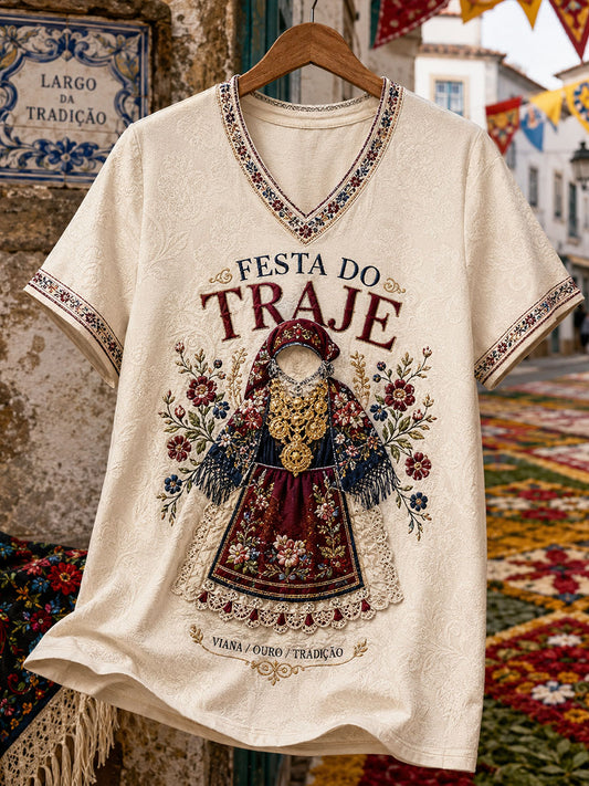 Women's Festas d'Agonia Portugal Art Impresso Linho T-shirt