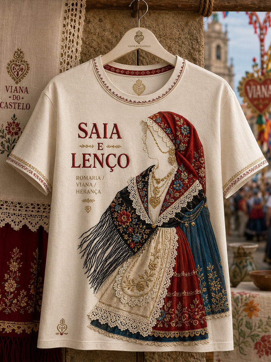 Camiseta de linho estampada com arte das Festas d’Agonia, Portugal, para mulheres