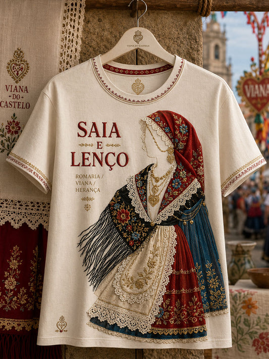 Camiseta de linho estampada com arte das Festas d’Agonia, Portugal, para mulheres