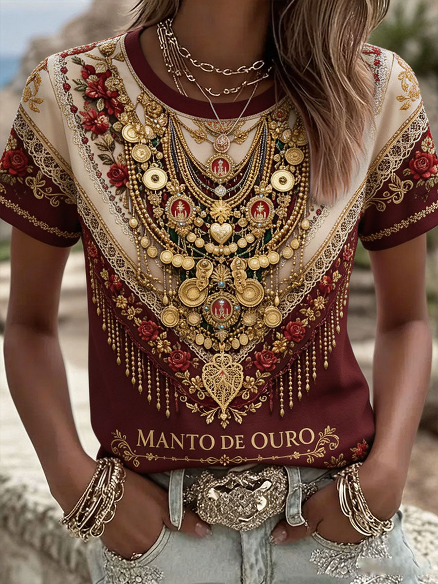 Camiseta de linho estampada com arte das Festas d’Agonia, Portugal, para mulheres