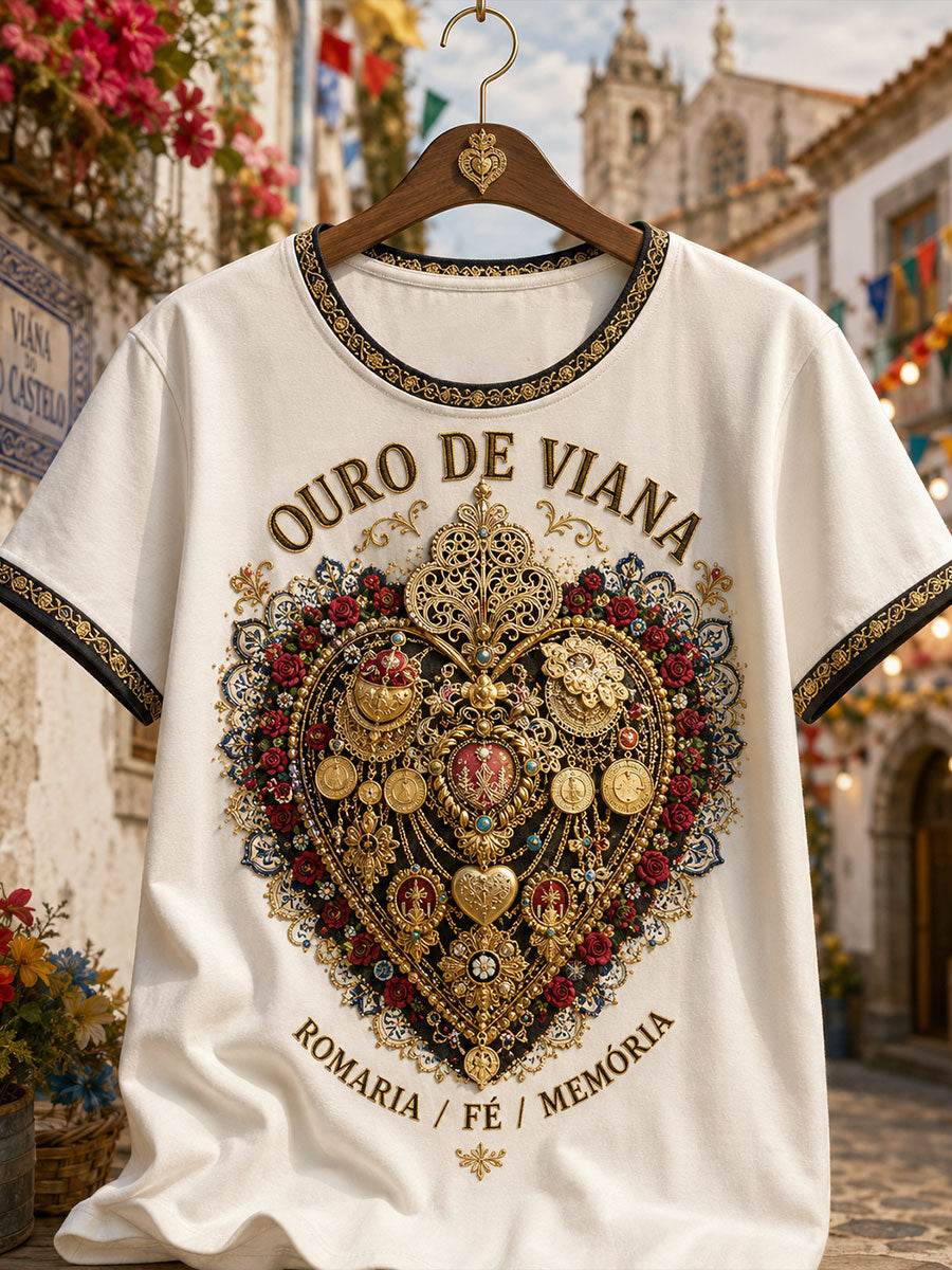 Camiseta de linho estampada com arte das Festas d’Agonia, Portugal, para mulheres