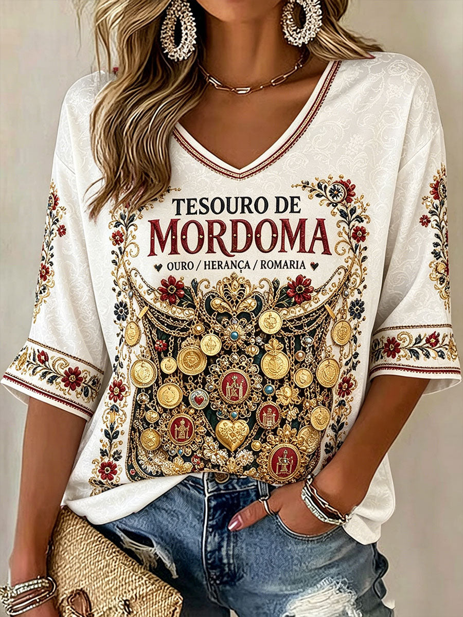 Camiseta de linho estampada com arte das Festas d’Agonia, Portugal, para mulheres