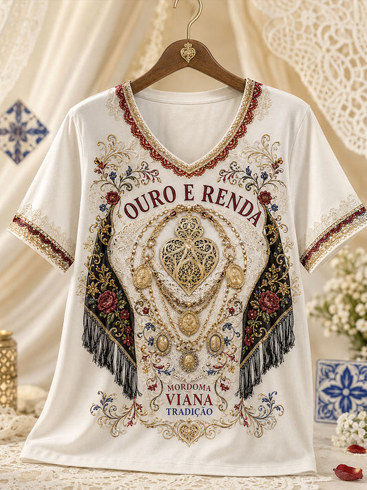 Camiseta de linho estampada com arte das Festas d’Agonia, Portugal, para mulheres