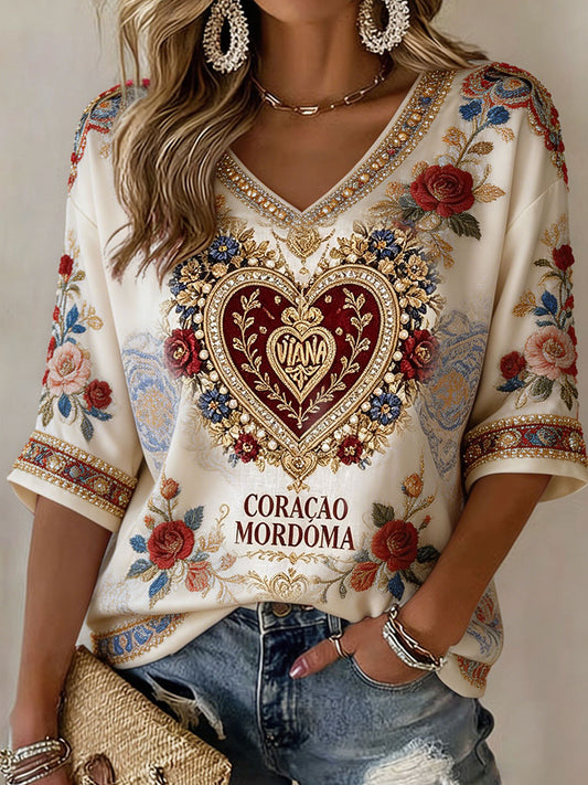 Camiseta de linho estampada com arte das Festas d’Agonia, Portugal, para mulheres