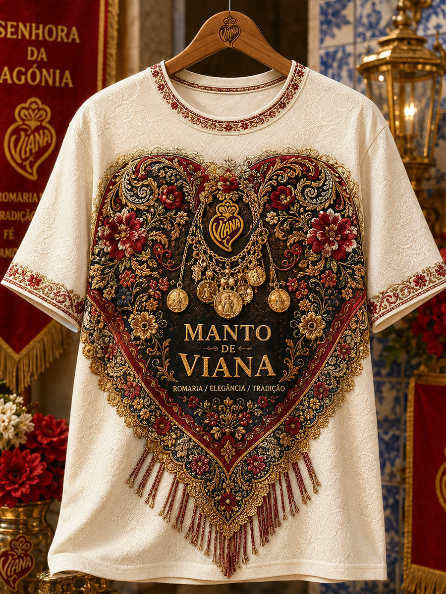 Camiseta de linho estampada com arte das Festas d’Agonia, Portugal, para mulheres