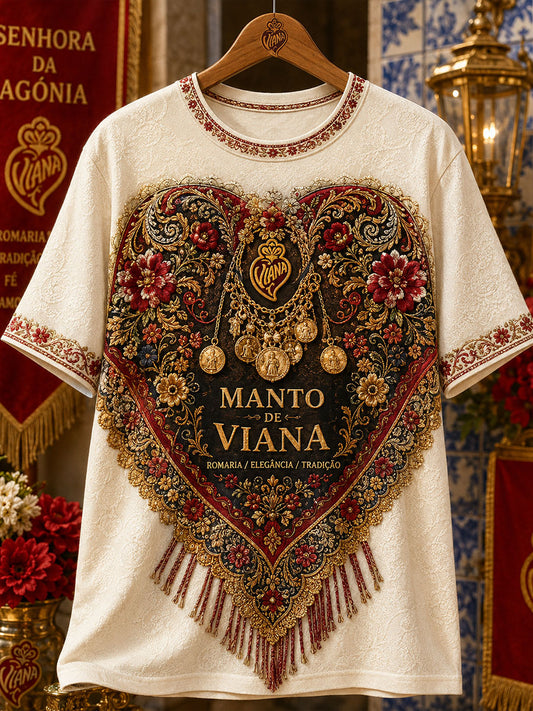 Camiseta de linho estampada com arte das Festas d’Agonia, Portugal, para mulheres