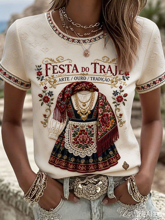 Camiseta de linho estampada com arte das Festas d’Agonia, Portugal, para mulheres