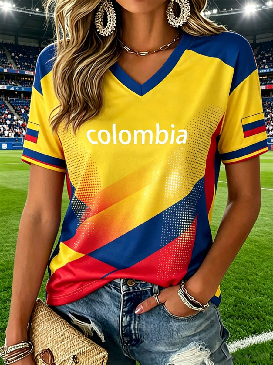 Camiseta casual feminina estilo futebol colombiano