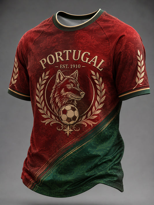 Camiseta masculina casual de manga curta com estampa de futebol português