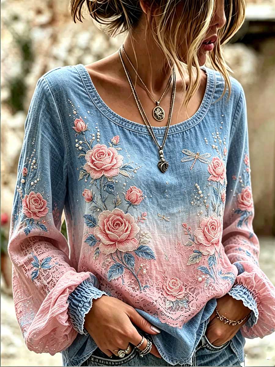 Camiseta feminina romântica de estilo boêmio com estampa floral