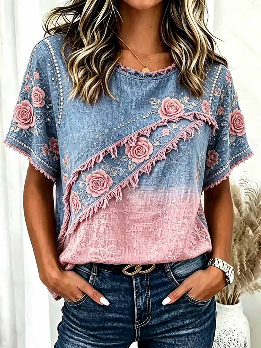 T-shirt impressa do teste padrão floral romântico boêmio do mulheres