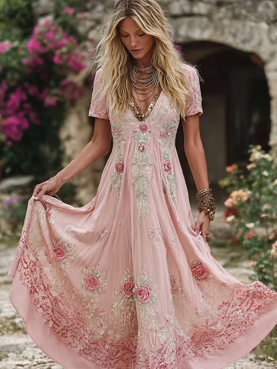 Feminino elegante Boho rosa Floral Art Imprimir V Neck Flowy Vestido Maxi
