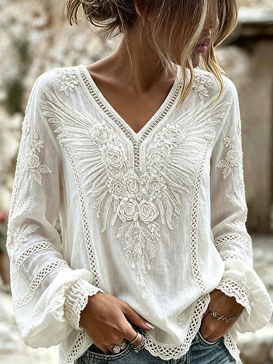 Floral elegante das mulheres com asas Viking Celtic impressão algodão-linho camisa