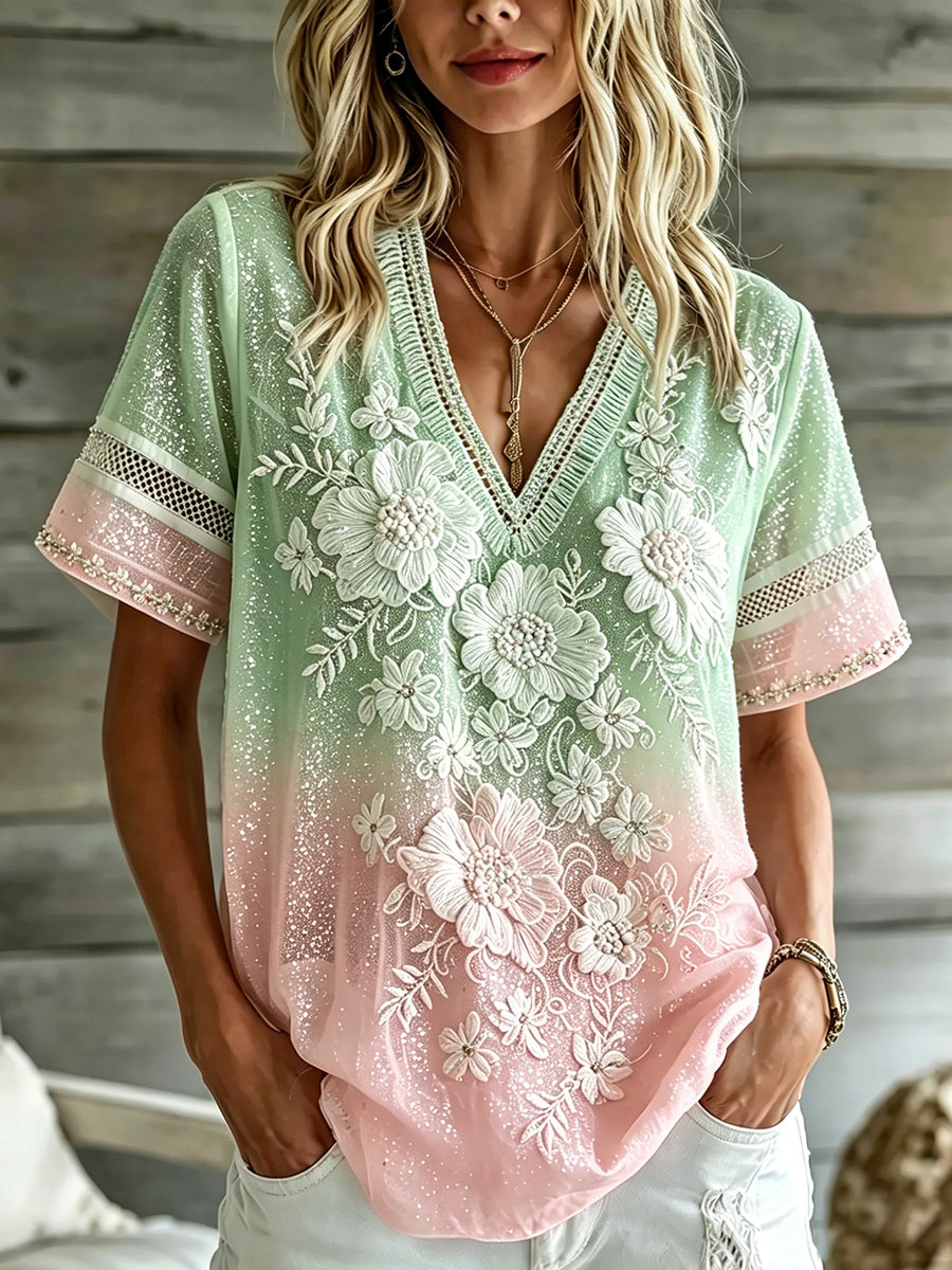 Vintage Floral Glitter arte impressão verde rosa gradiente v-Neck do mulheres Tops