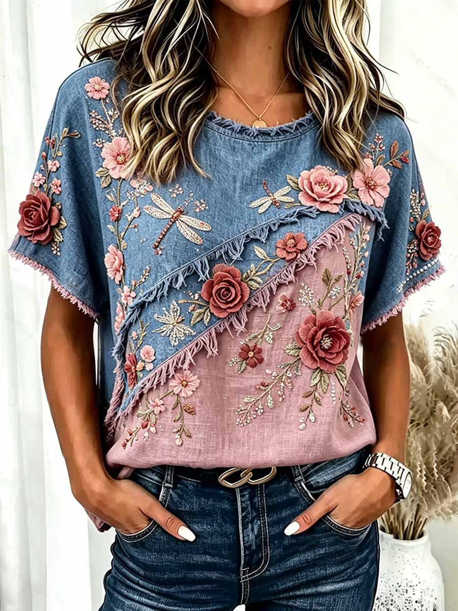 Camiseta feminina romântica de estilo boêmio com estampa floral