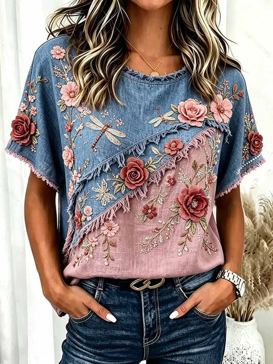 Camiseta feminina romântica de estilo boêmio com estampa floral