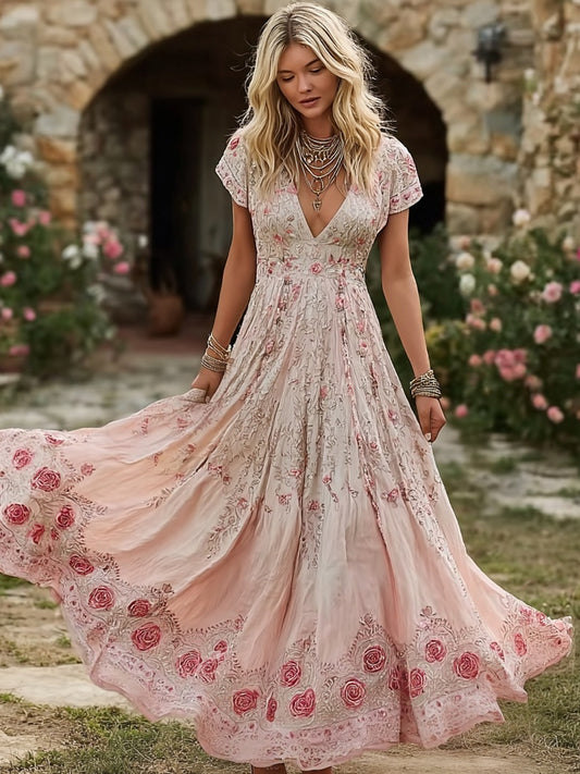 Vintage Boho rosa Floral arte do mulheres imprimir V pescoço Flowy vestido Maxi