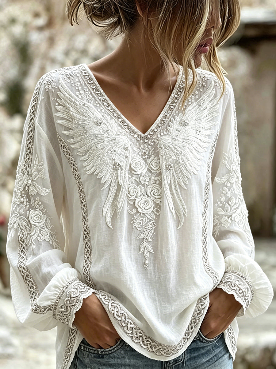 Mulheres Elegante Floral Com Asas Celtic Nó Imprimir V Neck Algodão-Camisa De Linho