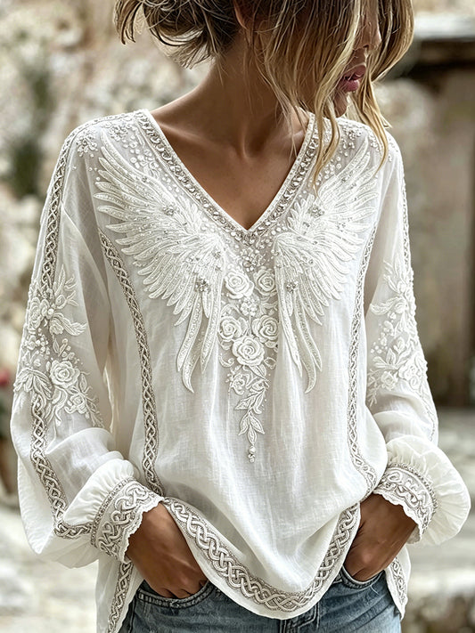 Mulheres Elegante Floral Com Asas Celtic Nó Imprimir V Neck Algodão-Camisa De Linho