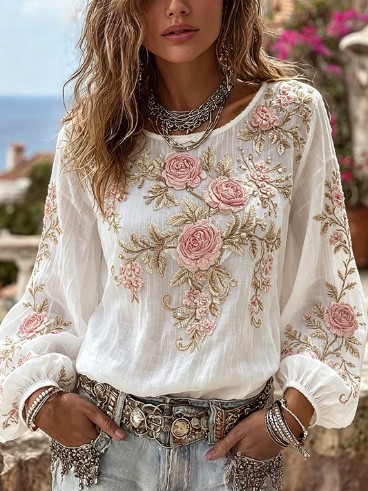 Elegante rosa Boho Floral Art Print algodão-linho camisa das mulheres